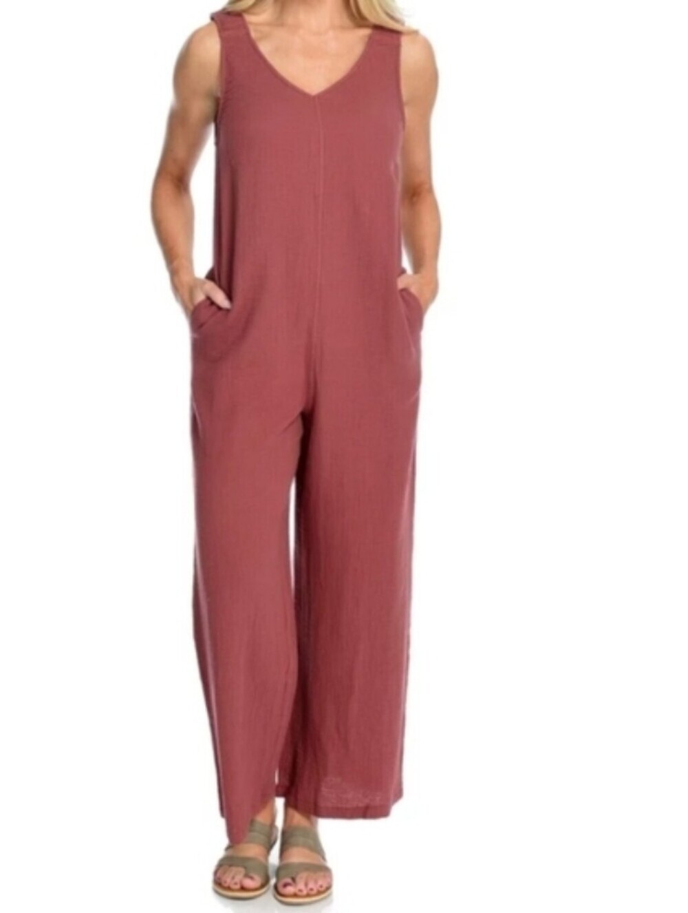 Indigo Thread Co Sleeveless V-Neck Wide-Leg Jumpsuit in Rosewood